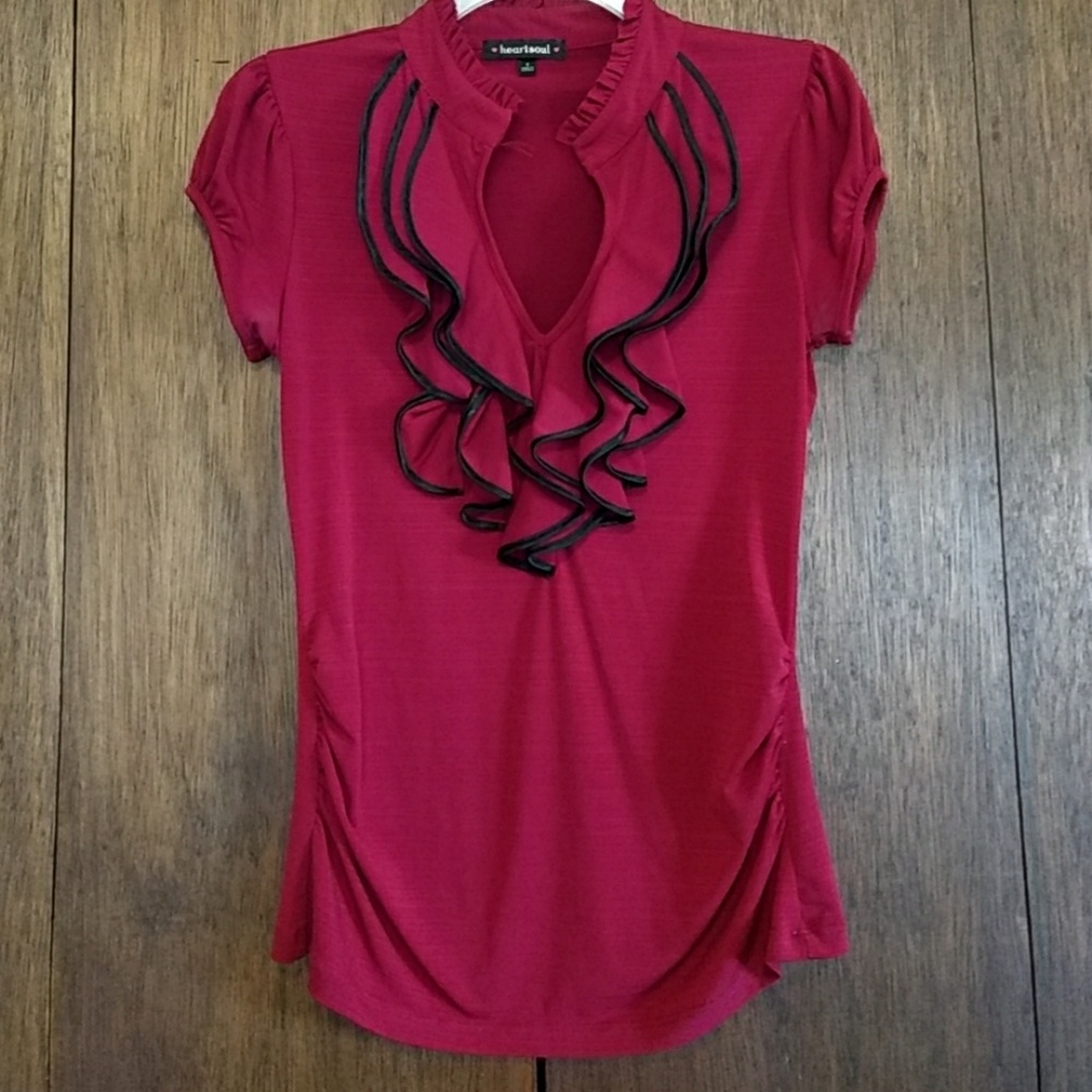 Burgundy Cap Sleeve Ruffle Blouse